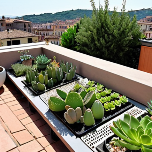 Home 19 **
A lush rooftop garden in Italy, showcasing a variety of drought-resistant plants and succulents. Incorporate lightweight materials like expanded clay and a modern drip irrigation system. The scene should be set against the backdrop of a charming Italian cityscape under a sunny sky, emphasizing the integration of nature within an urban environment. Show some modern outdoor furniture to imply a comfortable relaxing place.
**