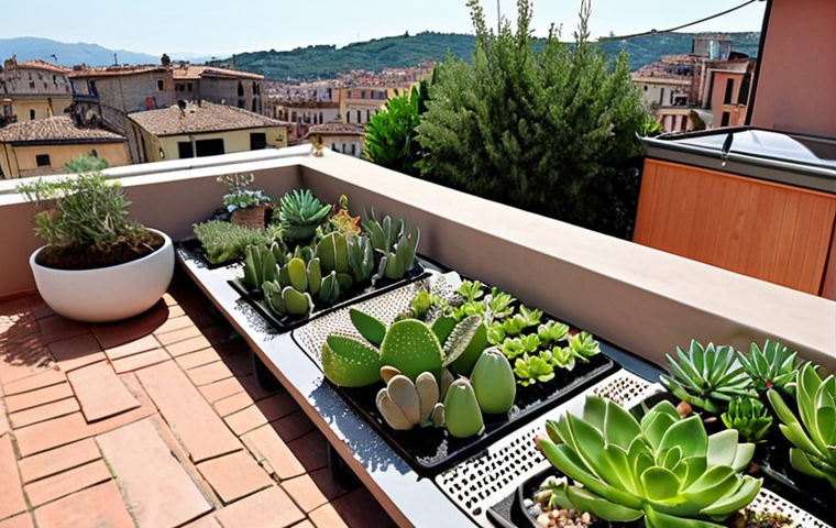 **
A lush rooftop garden in Italy, showcasing a variety of drought-resistant plants and succulents. Incorporate lightweight materials like expanded clay and a modern drip irrigation system. The scene should be set against the backdrop of a charming Italian cityscape under a sunny sky, emphasizing the integration of nature within an urban environment. Show some modern outdoor furniture to imply a comfortable relaxing place.
**