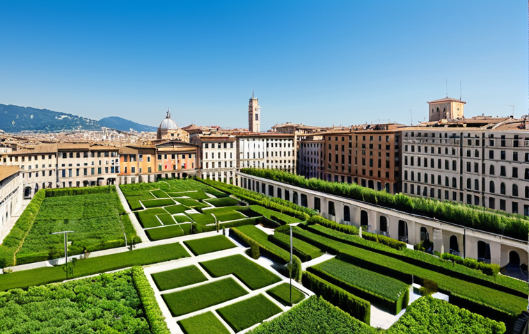 A panoramic view of a vibrant Italian cityscape, showcasing a mix of modern and classic buildings adorned with extensive, lush green roofs and living walls. The scene illustrates the significant reduction of the urban heat island effect, with a visibly cooler and cleaner atmosphere. The sky is clear and bright, emphasizing a refreshing, sustainable urban environment. The architecture blends traditional Italian design with innovative green infrastructure. fully clothed, appropriate attire, safe for work, appropriate content, professional, perfect anatomy, correct proportions, natural pose, well-formed hands, proper finger count, natural body proportions, high quality, professional photography.