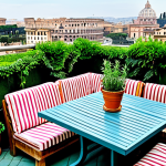 Rooftop Garden Oasis**

A vibrant rooftop garden in Rome, Italy. Lush greenery with a variety of potted plants, including herbs and flowers. A comfortable seating area with rustic wooden furniture, colorful cushions, and lanterns. In the background, a panoramic view of the Roman cityscape, with the Colosseum visible in the distance. Fully clothed people are enjoying the space. Safe for work, appropriate content, professional photography, perfect anatomy, natural proportions, modest clothing, well-formed hands, proper finger count, natural body proportions, family-friendly.

**