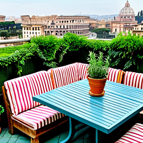 Home 8 Rooftop Garden Oasis**
A vibrant rooftop garden in Rome, Italy. Lush greenery with a variety of potted plants, including herbs and flowers. A comfortable seating area with rustic wooden furniture, colorful cushions, and lanterns. In the background, a panoramic view of the Roman cityscape, with the Colosseum visible in the distance. Fully clothed people are enjoying the space. Safe for work, appropriate content, professional photography, perfect anatomy, natural proportions, modest clothing, well-formed hands, proper finger count, natural body proportions, family-friendly.
**