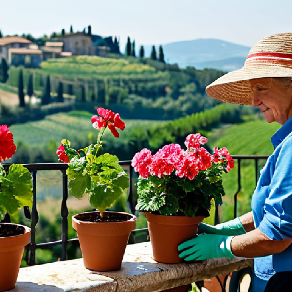 Caring for Potted Flowers**
A woman wearing gardening gloves and a sun hat, carefully watering potted geraniums on a sunny Italian terrace. The terrace has terracotta pots, a stone railing, and a view of the Tuscan countryside in the background. She is fully clothed in practical gardening attire. Safe for work, appropriate content, professional photography, perfect anatomy, natural proportions, modest clothing, family-friendly.
**