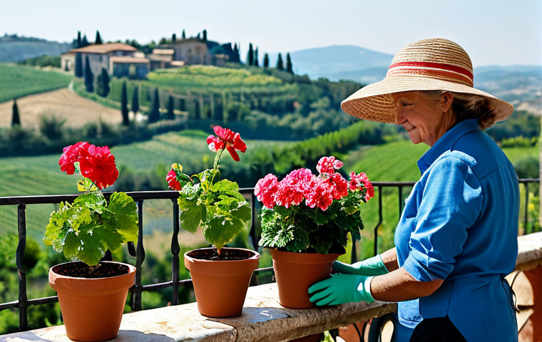 Caring for Potted Flowers**
A woman wearing gardening gloves and a sun hat, carefully watering potted geraniums on a sunny Italian terrace. The terrace has terracotta pots, a stone railing, and a view of the Tuscan countryside in the background. She is fully clothed in practical gardening attire. Safe for work, appropriate content, professional photography, perfect anatomy, natural proportions, modest clothing, family-friendly.
**