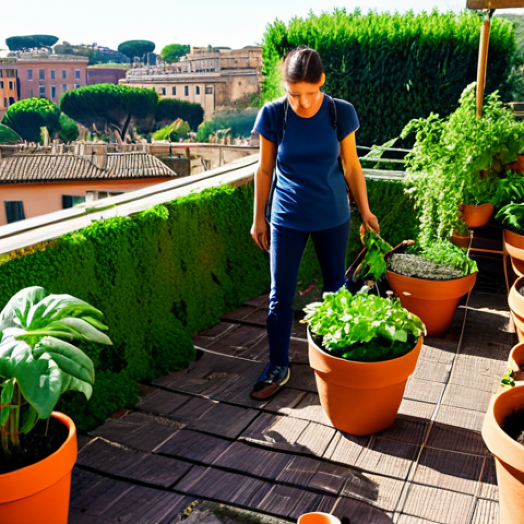 A thriving rooftop garden in Rome, overflowing with lush plants in terracotta pots, fully clothed gardener tending to vegetables, compost bin visible in the background, bathed in warm sunlight. safe for work, appropriate content, fully clothed, professional photography, perfect anatomy, natural proportions, family-friendly.