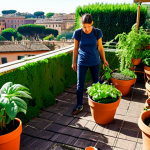 Home 9 A thriving rooftop garden in Rome, overflowing with lush plants in terracotta pots, fully clothed gardener tending to vegetables, compost bin visible in the background, bathed in warm sunlight. safe for work, appropriate content, fully clothed, professional photography, perfect anatomy, natural proportions, family-friendly.