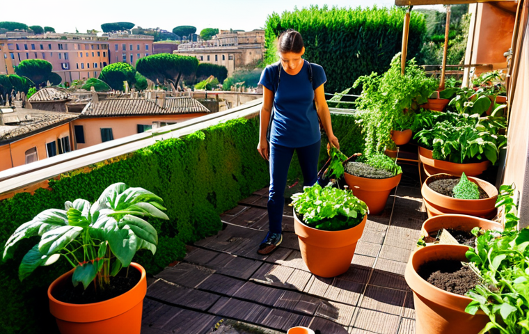 A thriving rooftop garden in Rome, overflowing with lush plants in terracotta pots, fully clothed gardener tending to vegetables, compost bin visible in the background, bathed in warm sunlight. safe for work, appropriate content, fully clothed, professional photography, perfect anatomy, natural proportions, family-friendly.