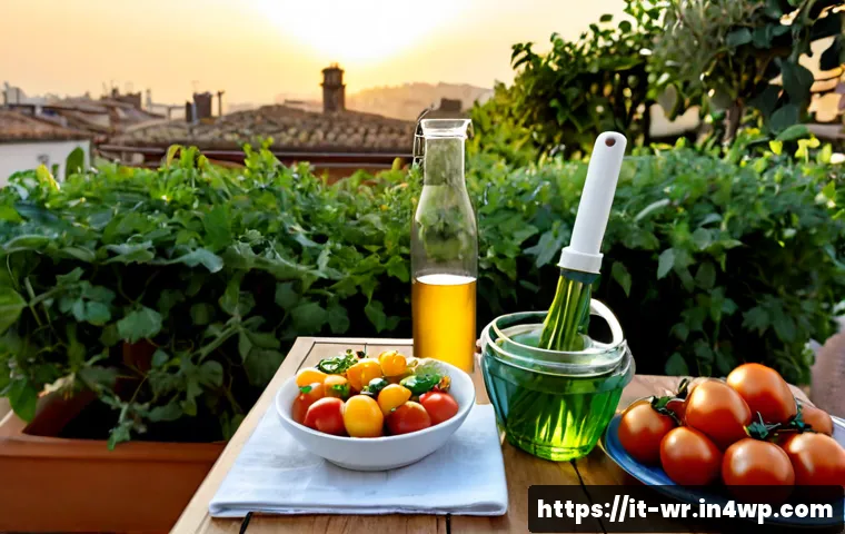 옥상 정원에서의 건강한 식생활 - Photorealistic rooftop garden in an Italian city at golden morning light, an inviting wooden table s...
